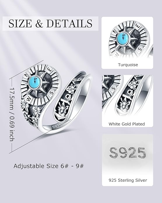 S925-Sterling-Silver Abalone Dragonfly-Turquoise Spoon Ring - Vintage Boho Sunflower Thumb Oxidized Wrap Rings Victorian Style Antique Floral Jewelry Gifts for Women