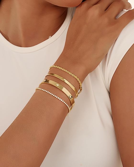 Gold Bracelets for Women 14K Gold Plated Stack Trend Bracelets Charm Paperclip Chain Cuban Link Layered Waterproof Bracelet Dainty Bracelet for Women Jewelry Gifts