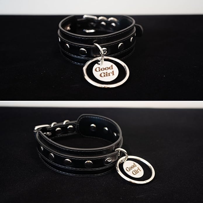 Black O-ring Leather Choker Collar for Women, Gothic Punk Style Adjustable Choker Necklace with Rivets and Engraved Letters Steel Tag