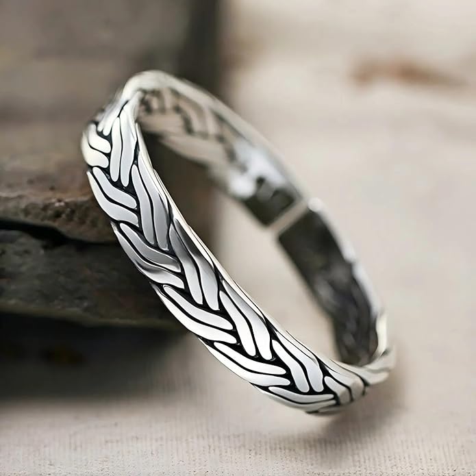 Kim Carrey S925 Sterling Silver Bracelet, Open Bangle Cuff Design, Men's Stacked Bracelets Gift Jewelry for My Man