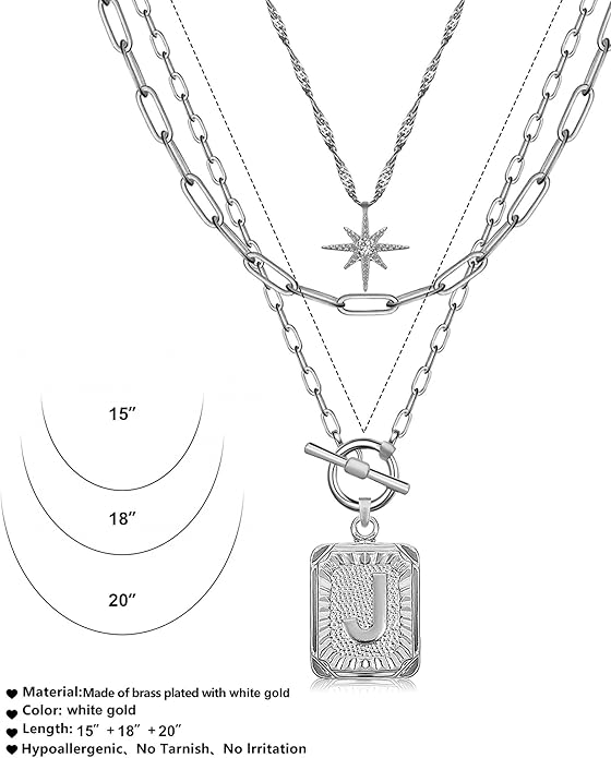 MJartoria Layered Initial Necklaces for Women Trendy, 14K Gold Plated Brass Simple Star Choker Square Letter Pendant Necklace, Paperclip Chain Necklaces Jewelry Gifts