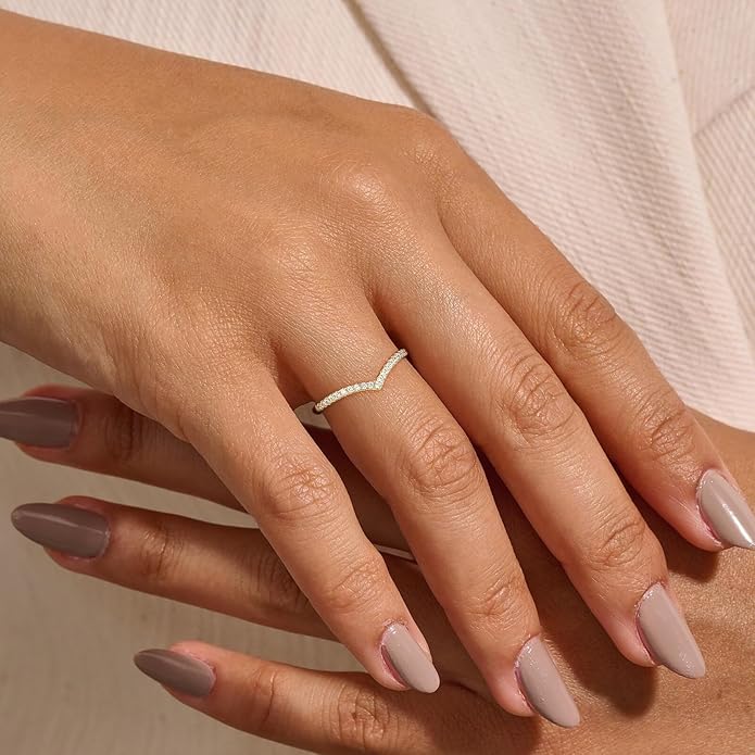 Arvaleff 925 Sterling Silver Rings for Women Ladies Wedding Band V Shaped Heatbeat Pattern Cubic Zirconia Engagement Eternity Ring Thin Stackable Comfort Fit Size 4-12