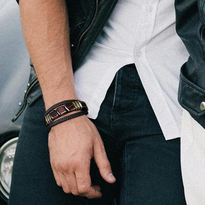 STARCHENIE Multi Strand Bracelet for Men Square Authentic Tiger Eye Black Braided Leather Mens Bracelet and Stainless Steel Buckle