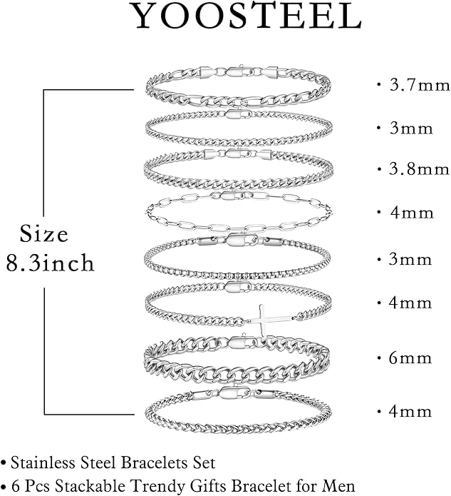 Yoosteel Mens Bracelets - Silver Chain Bracelet Stainless Steel Cuban Link Stack Bracelets Sturdy Rope Paperclip Chains Set 7.5/8.3/9 inches Trendy Jewelry for Men