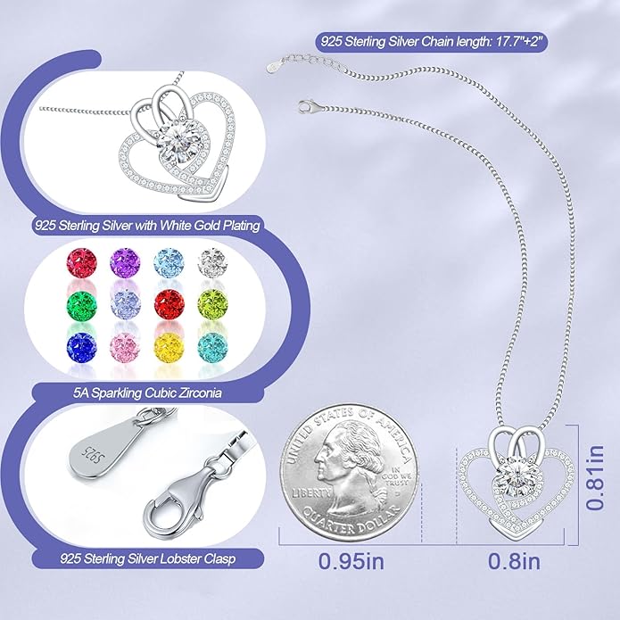 Infinity Necklace for Women, 925 Sterling Silver Heart Necklace with 5A Zircon, White Gold Plated Adjustable Chain, Gift for Valentine's Day, Birthday, Anniversary for Wife, Girlfriend, Mom