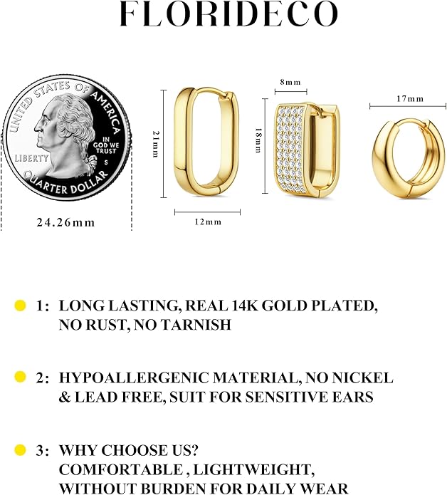 Florideco 3Pairs Chunky Gold Earrings Set 14K Gold Plated Hoop Earrings for Women Trendy Small Thick Huggie Hoops Earring Lightweight Silver Hoop Earring Sets for Multiple Piercing