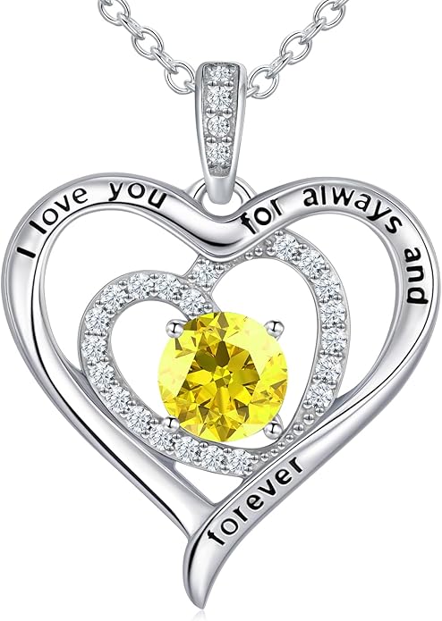 S925 Sterling Silver Necklace for Women, Christams Gift for Women, Love Heart Birthstone Necklaces for Women, Wife Jewelry, Mom Birthday Valentines Mothers Day Gifts, Girlfriend Necklaces, Daughter Heart Jewel, Anniversary for Her