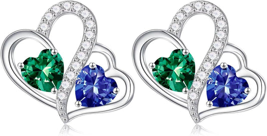 Iefil Valentines Day Gifts for Her - Birthstone Earrings Gift for Women, 925 Sterling Silver Double Heart Birthstone Earrings | Anniversary Birthday Gifts for Women, Personalized Jewelry for Wife Mom