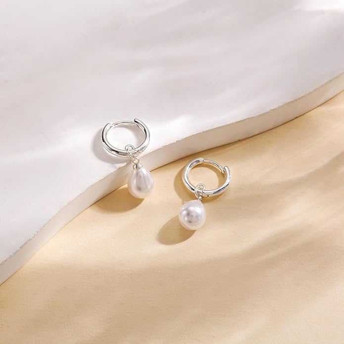 14K Gold Plated Pearl Dangle Earrings for Women, Small Pearl Drop Huggie Hoop Earrings, Hypoallergenic Dainty Gold Wedding Earrings Jewelry Gifts for Women Trendy