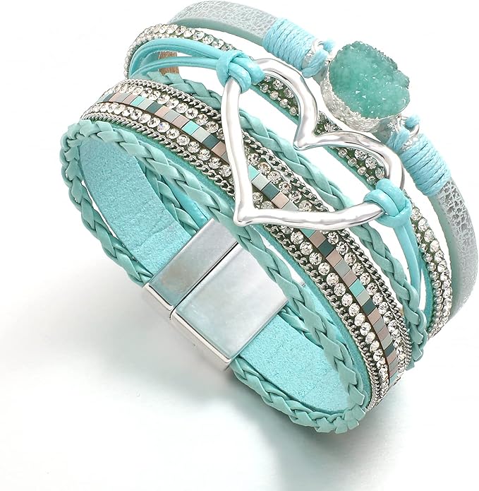 Leather Wrap Bracelet for Women Beaded Cuff Bracelet with Heart-shape Decor Bohemian Crystal Bracelet Jewelry with Clasp Bangle Bracelet for Women Girls Birthday Holiday Gift