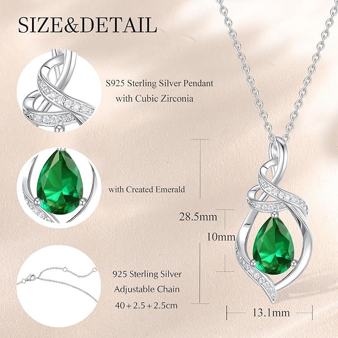FANCIME Teardrop Gemstone Necklace for Women S925 Sterling Silver Elegant Ribbon Pendent Birthday Gifts for Her, 16"+2" Inches