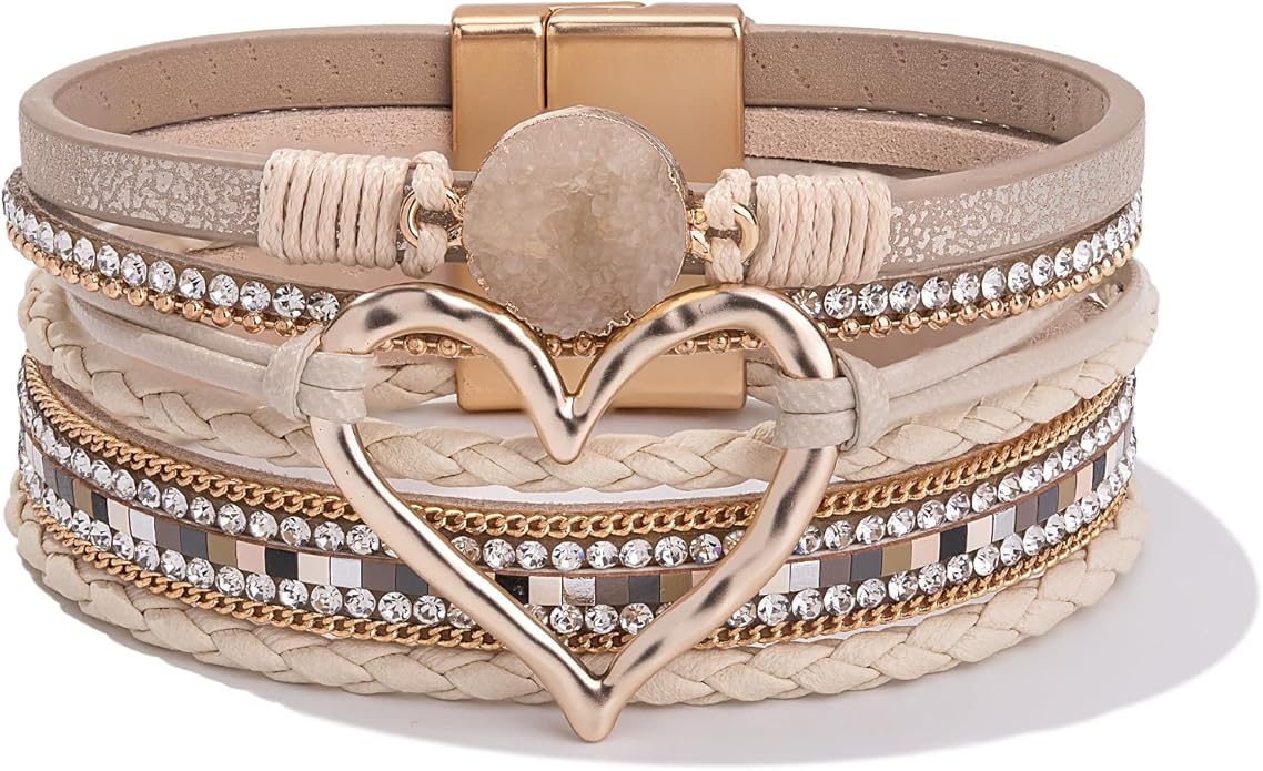 FANCY SHINY Heart Leather Wrap Bracelets Stackable Boho Cuff Bangles Trendy Resin Stone Rhinestone Bracelets with Magnetic Clasp for Women