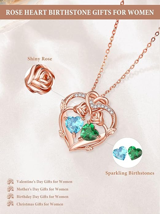 Rose Gold Necklaces for Women Double Birthstone Rose Flower Heart Pendant Necklace Jewelry Anniversary Christmas Valentine's Mother's Day Birthday Gift for Wife Mom Her Girlfriend Sister
