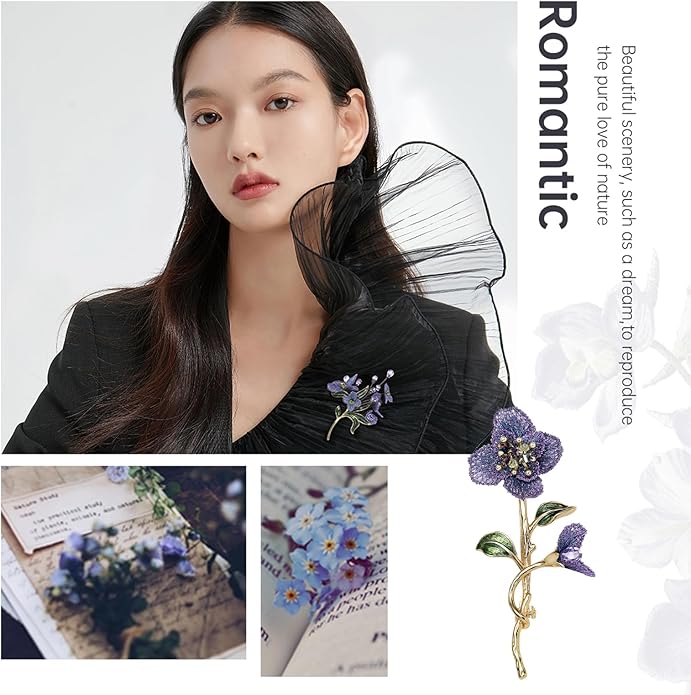 Forget me not Flower Brooch Handmade Gold Thread Embroidered and hand-Drip Enamel leaf, Gradient Botanical Floral Brooch pins for women, SHE'S FREE STYLE JUST FOR YOU [Bencao Gangmu Series]Vintage Plant Jewelry