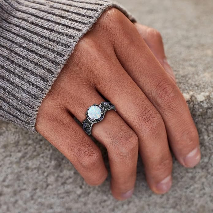 Gothic Black Rings for Women, Mystic Rainbow Topaz with Created Amethyst Flower Goth Black Gold Wedding Engagement Ring Size 6 to 11