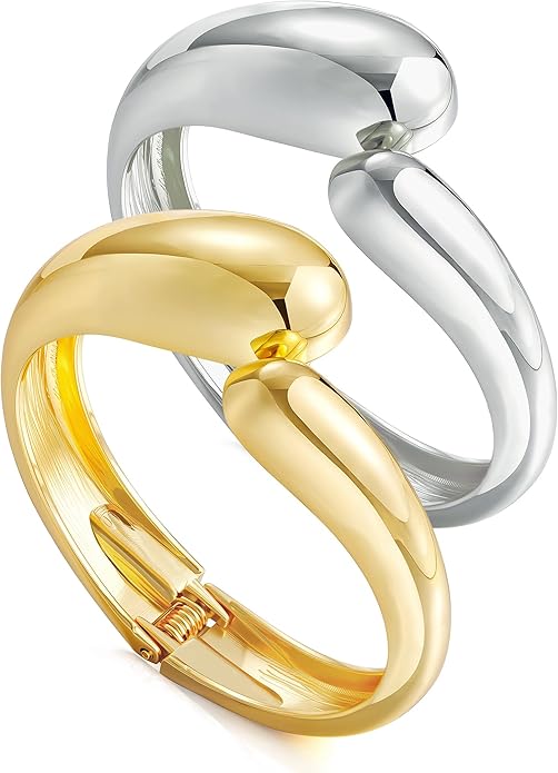 Gold Silver Bangles Bracelet for Women Trendy, 14K Gold Plated Dainty Thick Chunky Cuff Bracelet Stack