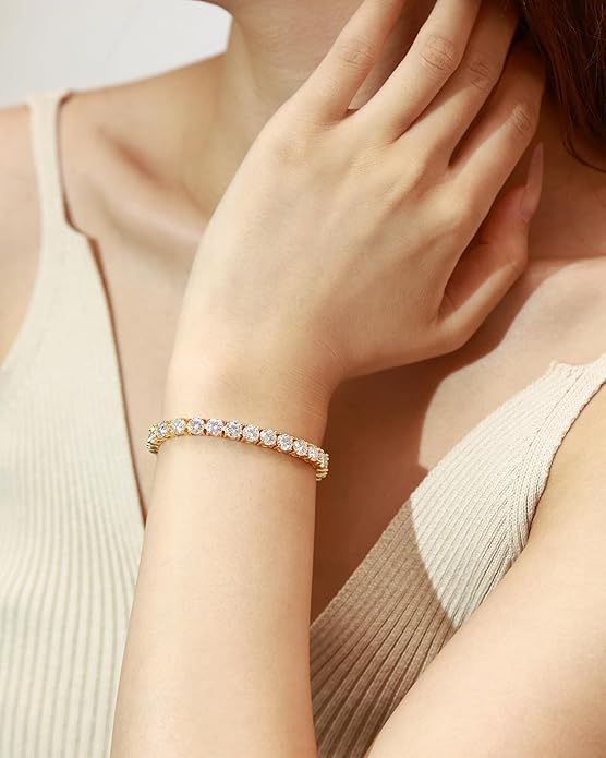 FANCIME Gold Moissanite Tennis Bracelet 1.2ct-12ct Lab Created Moissanite Diamond Bracelets,925 Sterling Silver Adjustable Bolo Tennis Bracelets, 2/3/4/5mm D Color VVS1 Round Cut Moissanite Bracelet for Women