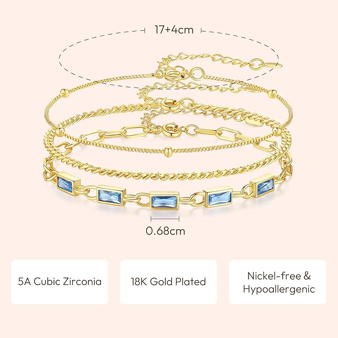 Gold Birthstone Bracelet for Women, 18K Gold Plated Layered Jewelry Bracelet Set, Women Dainty Stackable Bracelets Link Paperclip Chain Valentines Day Gift for Women