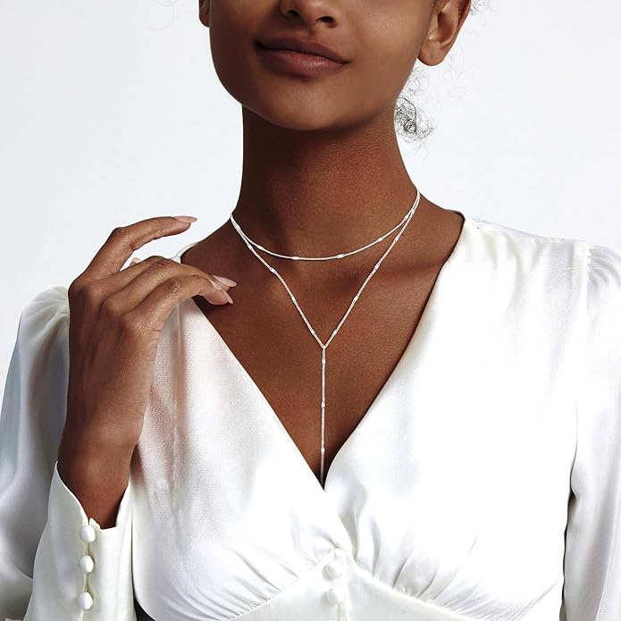 Zeffy Lariat Gold Necklace for Women, Dainty Long Necklace 14k Gold/Silver Plated Layered CZ Beaded Bar Chain Y-Shaped Body Chain Stack Drop Wedding Necklace Trendy Simple Gold Jewelry Gifts