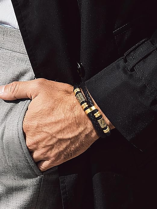 Bandmax Mens Black Double Wax Rope Cuff Bracelets Waterproof Stainless Steel Norse Style Celtic Knot Beads Bracelet Wristband Gift for Men