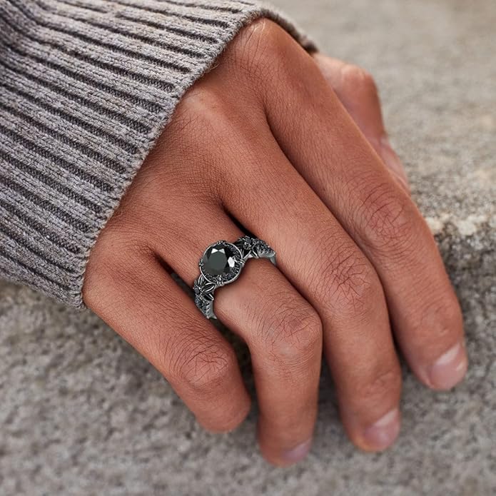 Gothic Black Rings for Women, Mystic Rainbow Topaz with Created Amethyst Flower Goth Black Gold Wedding Engagement Ring Size 6 to 11