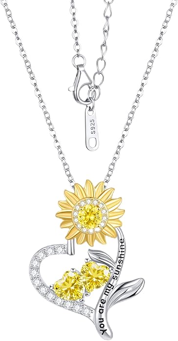 PERJI Valentine's Day Gifts for Women - 925 Sterling Silver Double Birthstone Sunflower Necklace, Anniversary Birthday Jewelry You are My Sunshine Gifts for Wife Couple Girlfriend 18"+2" Non Tarnish