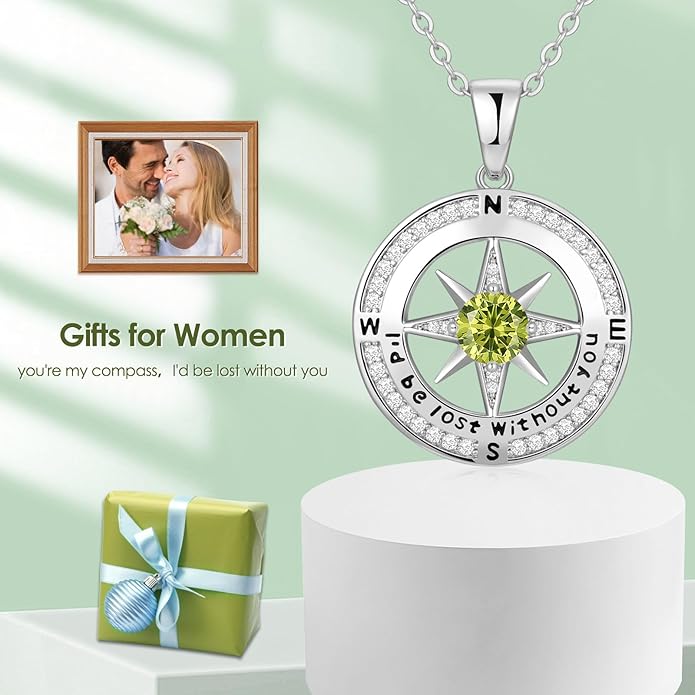 Zifeel Compass Necklace Gifts for Women wife - S925 Sterling Silver Birthstone Necklaces for Women - Anniversary Birthday Gifts for Her Wife Girlfriend - Valentines Mom Mothers Day Christmas Gifts Jewelry for Women