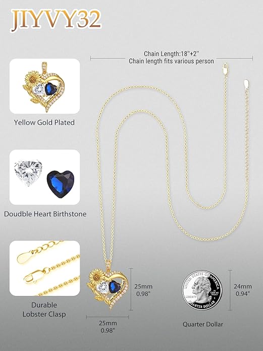 Sunflower Heart Necklace for Women 14K Gold Exquisite Anniversary Birthday Gifts for Wife Mother Her Double Birthstone Pendant jewelry‘You Are My Sunshine’