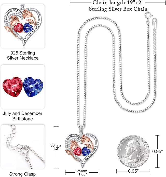 Iefil Birthstone Necklace for Women - 925 Sterling Silver Rose Heart Birthstone Necklace Birthday Anniversary Jewelry Gifts for Her Wife Mom Daughter