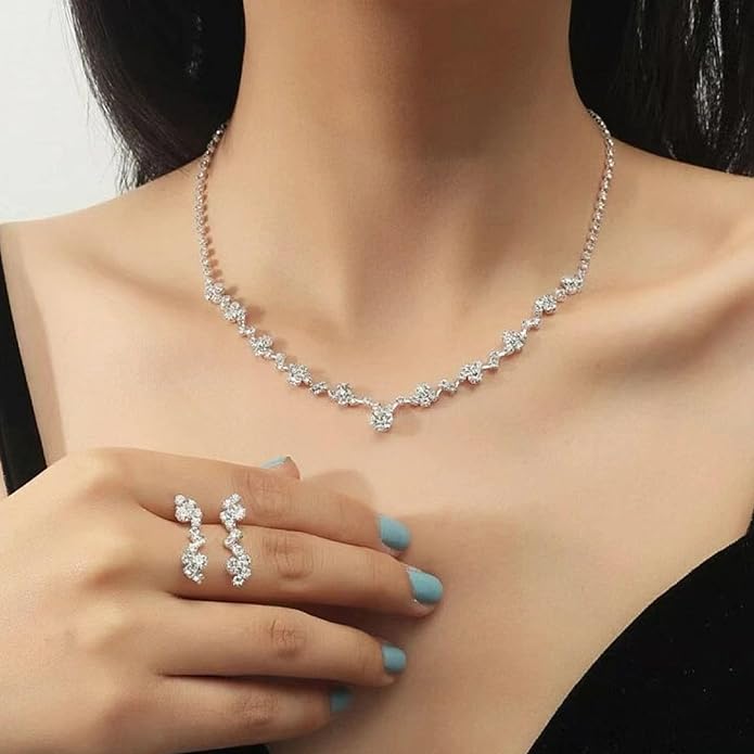 Crystal Wedding Jewelry Set, Silver Necklace Earrings Bracelet Crystal Bridal Wedding Jewelry Sets for Brides Bridesmaid Prom Costume Accessories