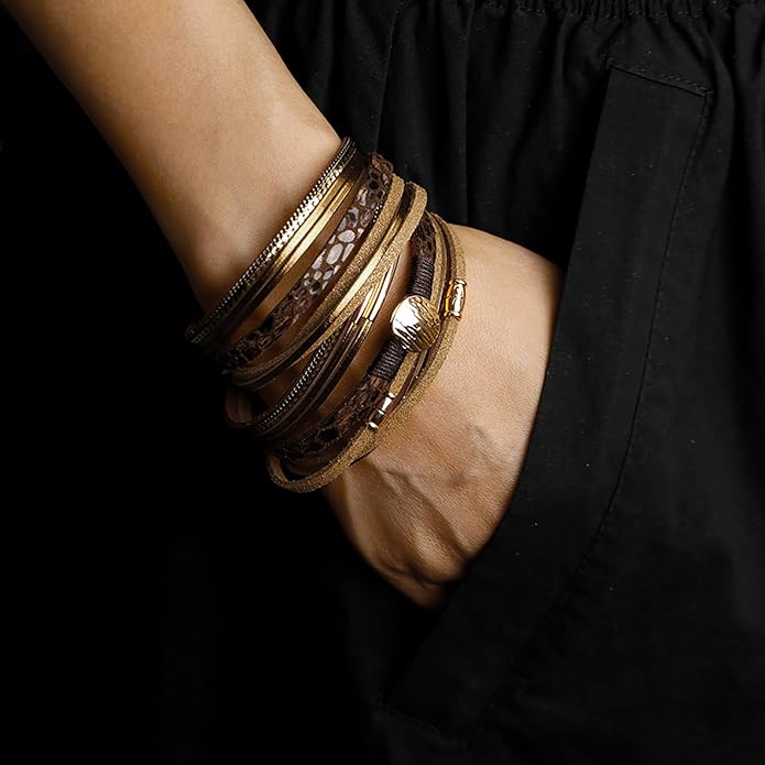 Fesciory Leopard Bracelet for Women, Boho Leather Wrap Multi-Layer Pearl Crystal Bracelet Bangle Jewelry