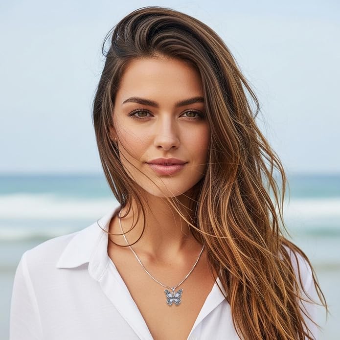 Butterfly Moonstone Necklace, 925 Sterling Silver Vintage Pendant with Natural Gemstone, Boho Hypoallergenic Jewelry Gift for Her