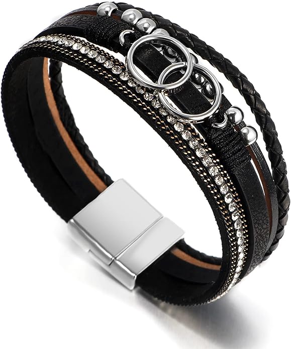 Fesciory Leopard Bracelet for Women, Boho Leather Wrap Multi-Layer Pearl Crystal Bracelet Bangle Jewelry