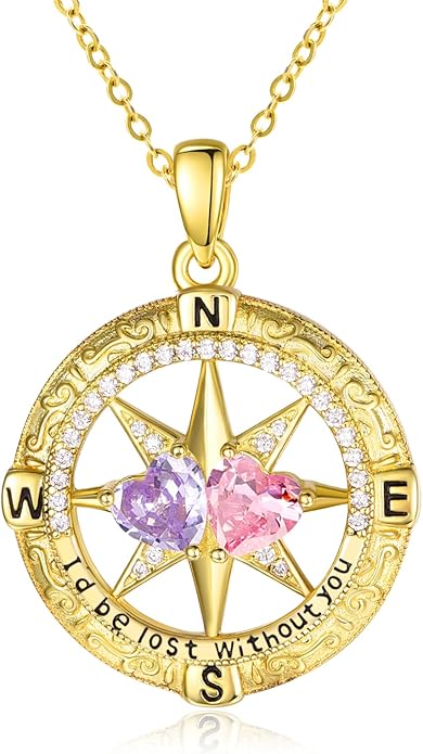 Zeuslia Double Birthstone Necklace Gifts for Wife - 925 Sterling Silver Sunflower/Rose/Crown Cross/Compass/Heart Pendant I Love You Necklace, Anniversary Birthday Gifts for Wife Girlfriend Mom Her