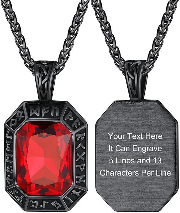 ChainsHouse Viking Rune Pendant Necklace for Men Women, Punk Biker Black Metal/316L Stainless Steel Onyx Norse Vintage Amulet Necklaces with Black/Red/Green/Blue Gemstone, Send Gift Box