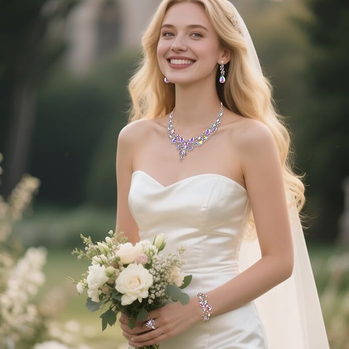 BriLove Wedding Bridal Jewelery for Women Austrian Crystal Teardrop Cluster Statement Necklace Dangle Earrings Link Bracelet Set