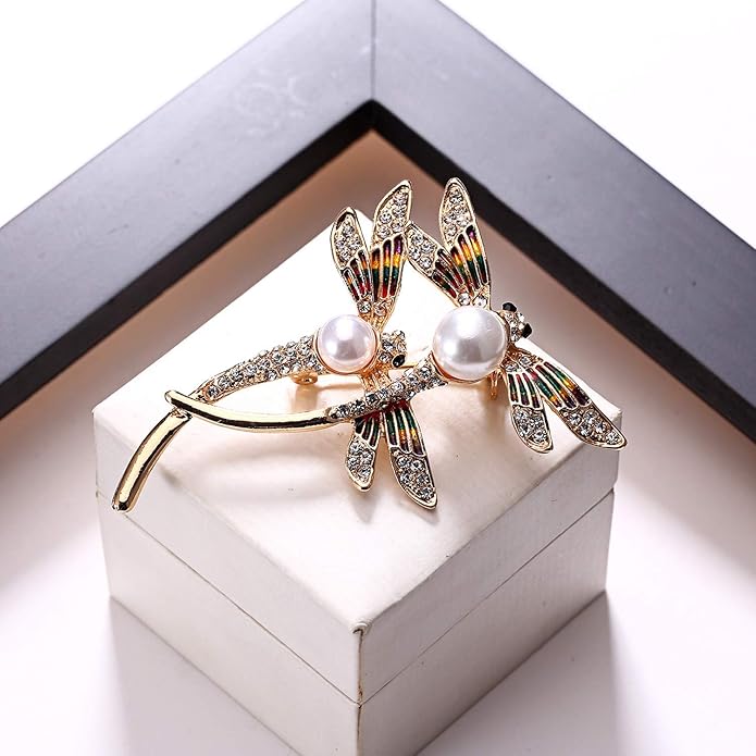 AILUOR Elegant Dragonfly Brooch Pins, Gold Tone Austrian Crystal Colorful Enamel Double Dragonfly Simulated Pearl Rhinestone Brooch Jewelry