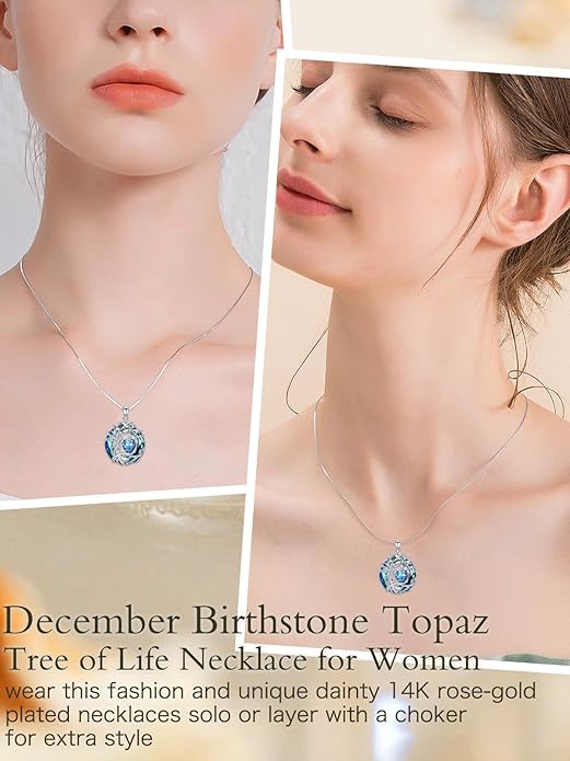 TOUPOP Christmas Gifts Tree of Life Birthstone Necklace 925 Sterling Silver Pendant Austrian Crystal Jewelry Anniversary Birthday Gifts for Women Mom Her Wife