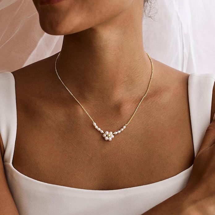 Gold Pearl Necklaces for Women Trendy, 14K Gold Plated Dainty Necklace Simple Layered Pearl Necklaces for Women Trendy Wedding Birthday Jewelry