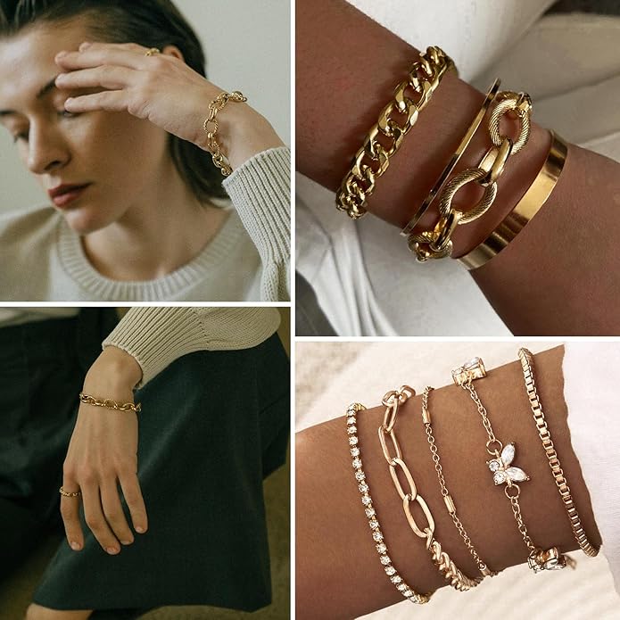 17IF 18-25 PCS(6 Pack) Boho Gold Bracelets Set for Women Stackable Chunky Dainty Bangles Adjustable Chain Flat Cuff Cuban Punk Charm Bundle Jewelry