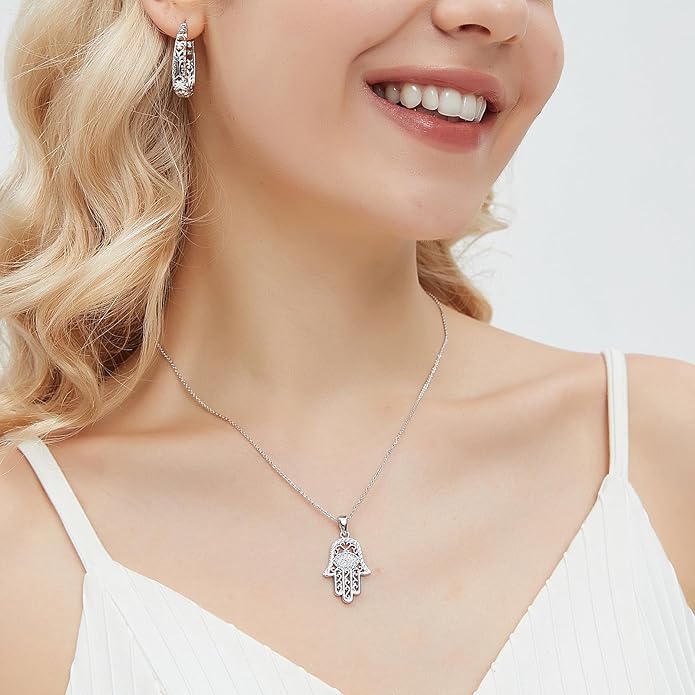 White Gold 14K Gold Plated Necklaces for Women Evil Eye Necklace for Women Girls Evil Eye Hamsa Hand of Fatima Pendant Necklace Good Luck Necklace Jewelry