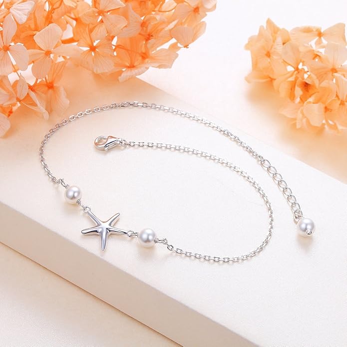 Anklet for Women S925 Sterling Silver Adjustable Foot Evil Eye Starfish Heart Bead Butterfly Celtic Knot Cross Multilayer Layered Ankle Bracelet Jewelry