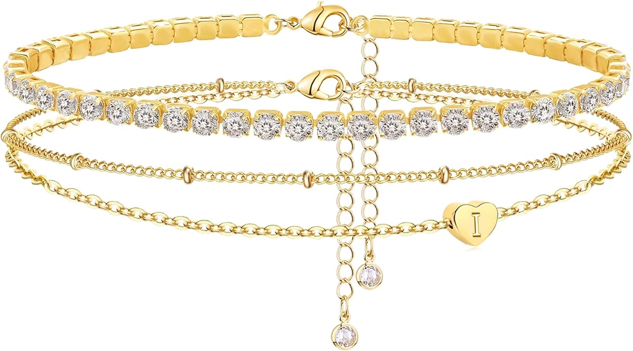 Yanoda Initial Ankle Bracelets for Women, 14K Gold Plated Waterproof Dainty Layered Heart Letter Initial Anklets Personalized Gifts
