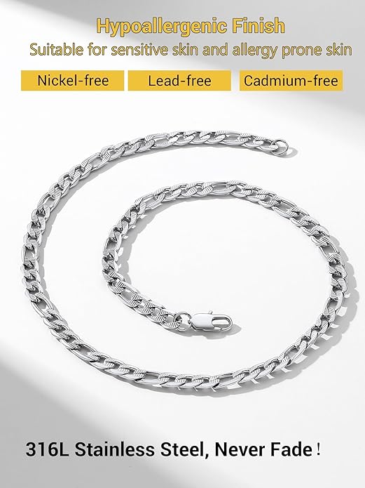PROSTEEL 316L Stainless Steel Figaro Cuban Chain Necklace for Men, Black/18K Real Gold Plated, 4/5/6/7.5/9/10/13mm, 14inch-30inch, Come with Box