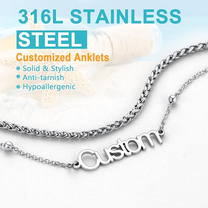 U7 Custom Layered Ankle Bracelets for Women Stainless Steel Bead/Cuban/Figaro/Rope/Wheat Chain Anklet Waterproof Anklet Jewelry for Beach Vacation