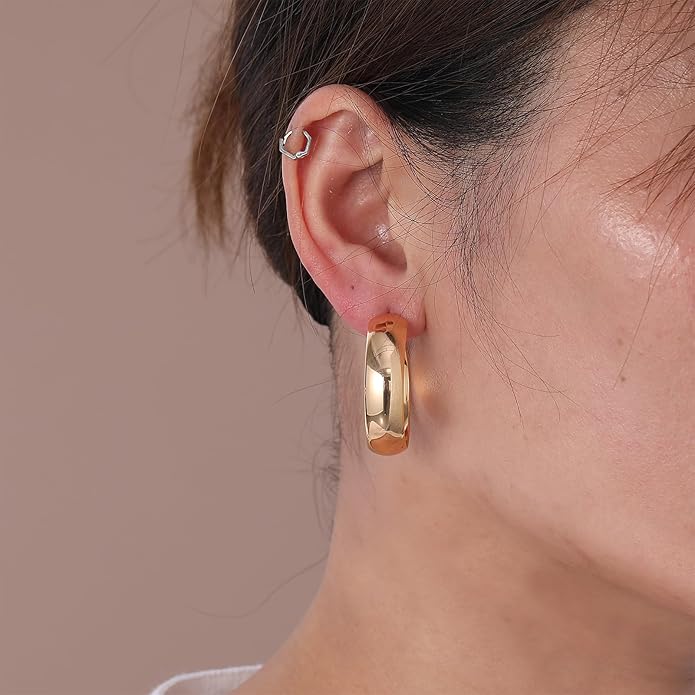 8YEARS Chunky Gold Hoop Earring for Women, 18K Gold Plated Lightweight Thick Hoops, Hypoallergenic Trendy Jewelry for Gift
