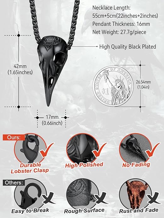 FaithHeart Viking Raven Necklace for Men, Norse Mythology Raven Skull Pendant Sturdy Stainless Steel Amulet Jewelry Gift for Men