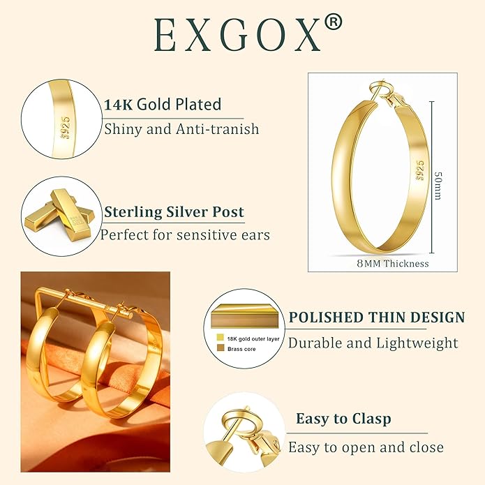 EXGOX 5mm Wide Gold Hoop Earrings for Women,Sterling Silver Hoop Earrings Large Silver Hoop Earrings Hypoallergenic Lightweight 14K Real Gold Plated Big Hoop Earrings for Women 30/40/50/60/70mm