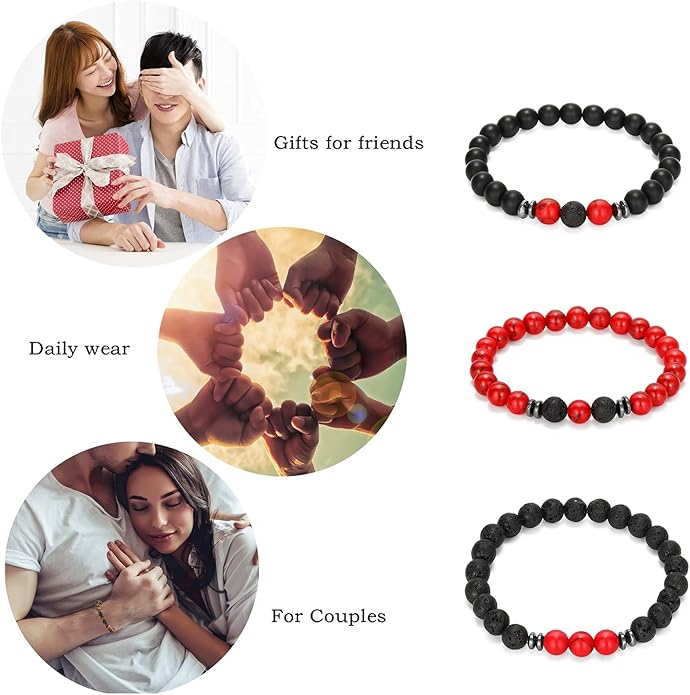MengPa Mens Beaded Bracelets Couples Matching Bracelet Set Lava Rock Beads for Women Stone Jewelry