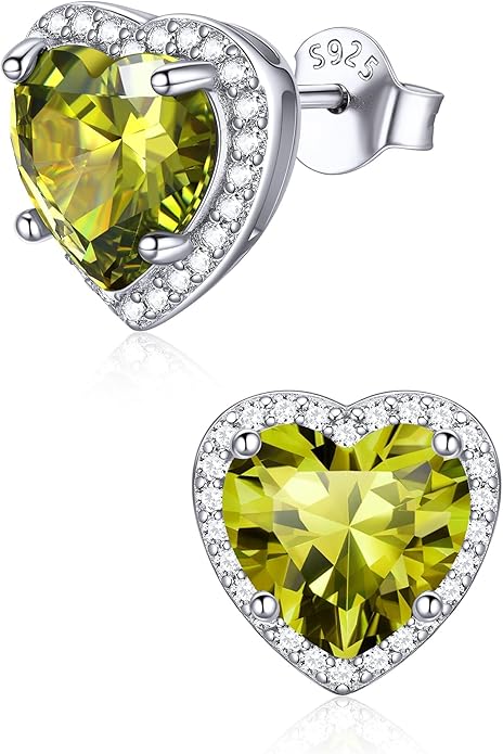 ChicSilver 925 Sterling Silver Birthstone Earrings for Women, 8MM/2 Carat Heart & Round Cubic Zirconia Stud Earrings, Hypoallergenic Jewelry, Ideal Birthday or Christmas Gifts